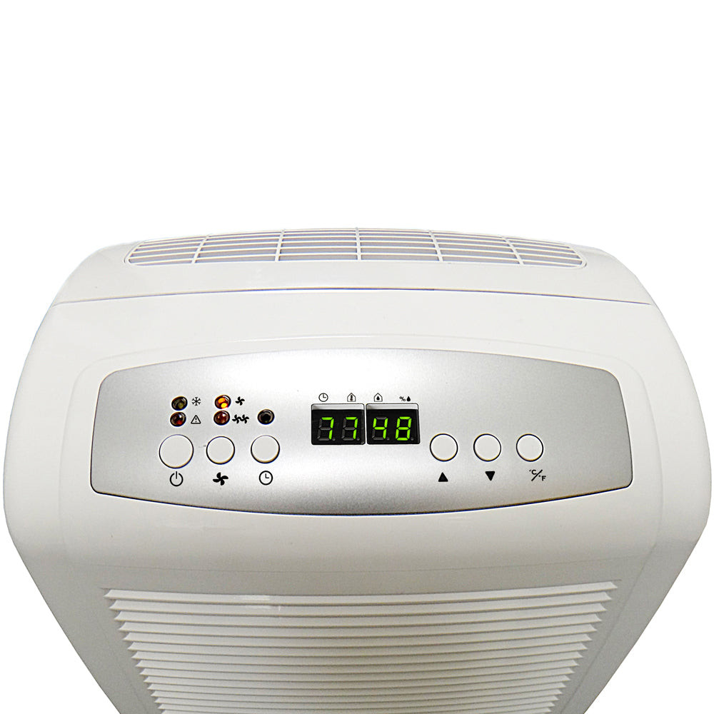 A white box dehumidifier with buttons, digital display, and built-in pump.