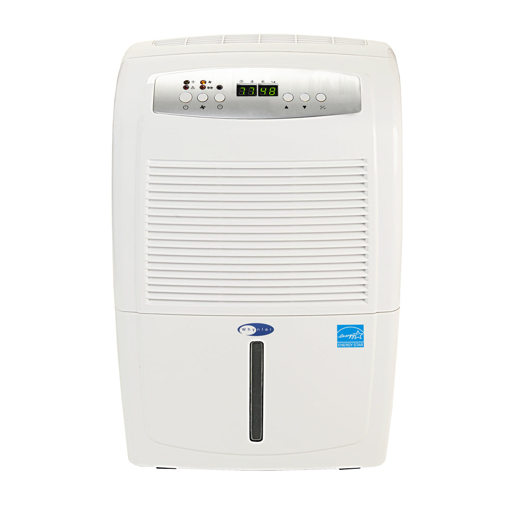 A white rectangular device with buttons and a screen, a high capacity portable dehumidifier with built-in pump.