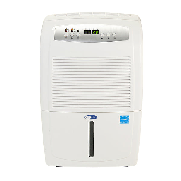 A white rectangular device with buttons and a screen, a high capacity portable dehumidifier with built-in pump.