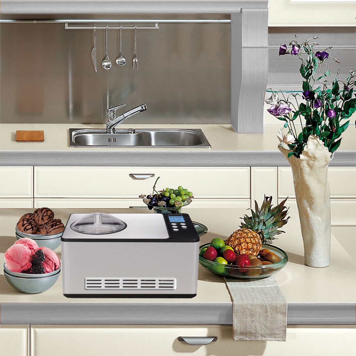 A kitchen counter with a stainless steel ice cream maker and yogurt function.