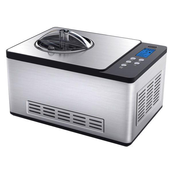 A silver and black ice cream and yogurt maker with LCD control panel and stainless steel bowl.