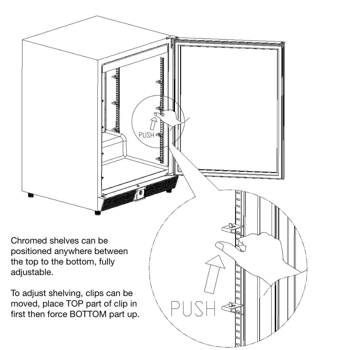A black and white drawing of a small beverage fridge with a glass door, Kings Bottle 24" Beer Cooler Fridge Built In Glass Door with Stainless Steel Trim.