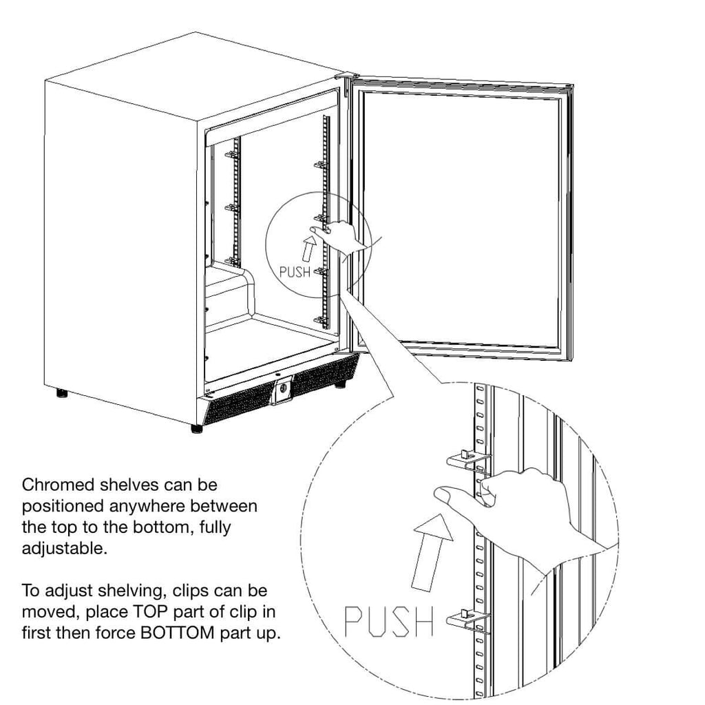 A black and white drawing of a large beer fridge with a glass door, capable of holding up to 625 cans or 336 bottles.