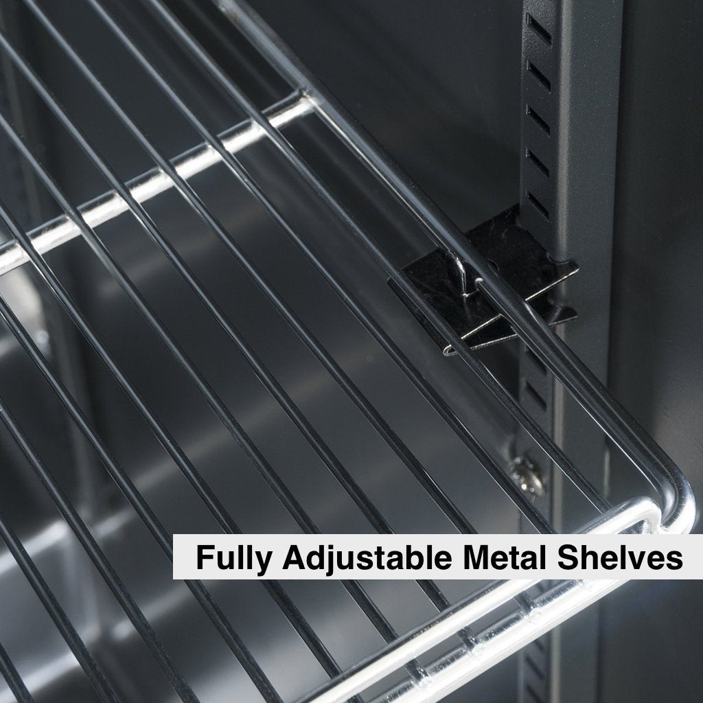 Close-up of a metal shelf in the Kings Bottle 56" Tall Single Zone Beverage Fridge Center.