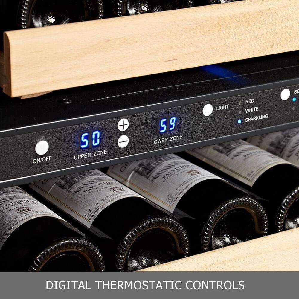 A digital thermostat control panel and bottles of wine in a Kings Bottle Tall Large Wine Refrigerator Glass Door With Stainless Steel.