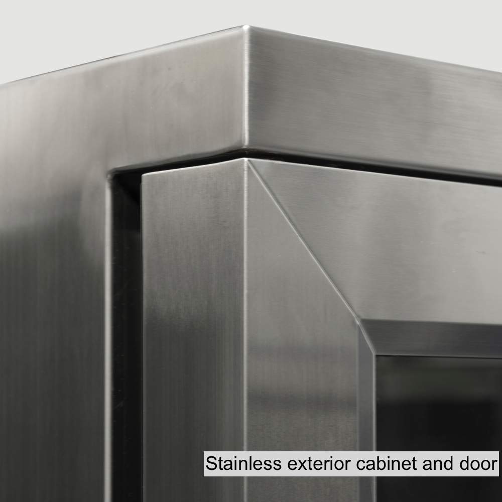 A close-up of a stainless steel 3-door beverage refrigerator with glass doors and a metal corner.