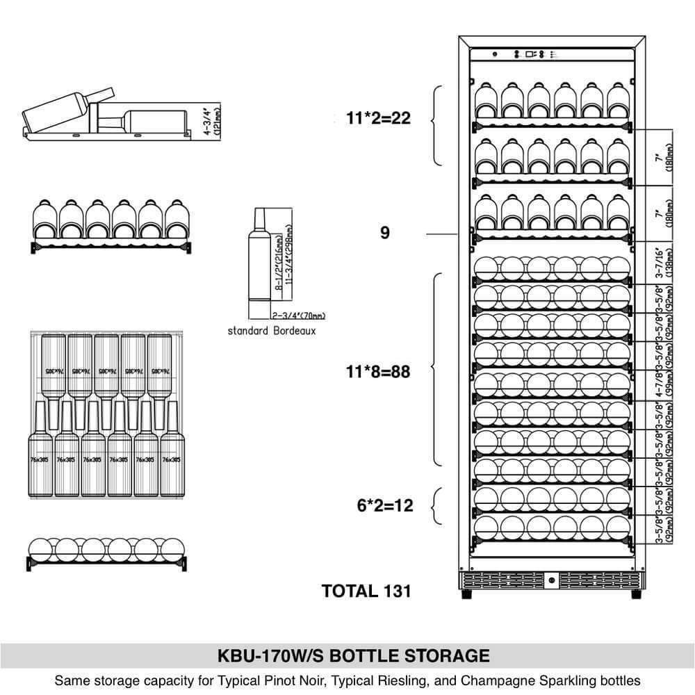 A diagram of a Kings Bottle large upright wine cooler fridge with stainless steel trim, holding up to 166 bottles of wine.