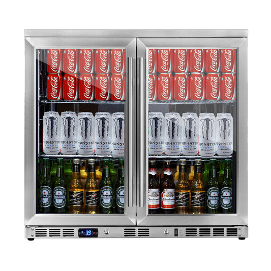 A Kings Bottle 36" Heating Glass 2 Door Built In Beverage Fridge with bottles and cans of beer.