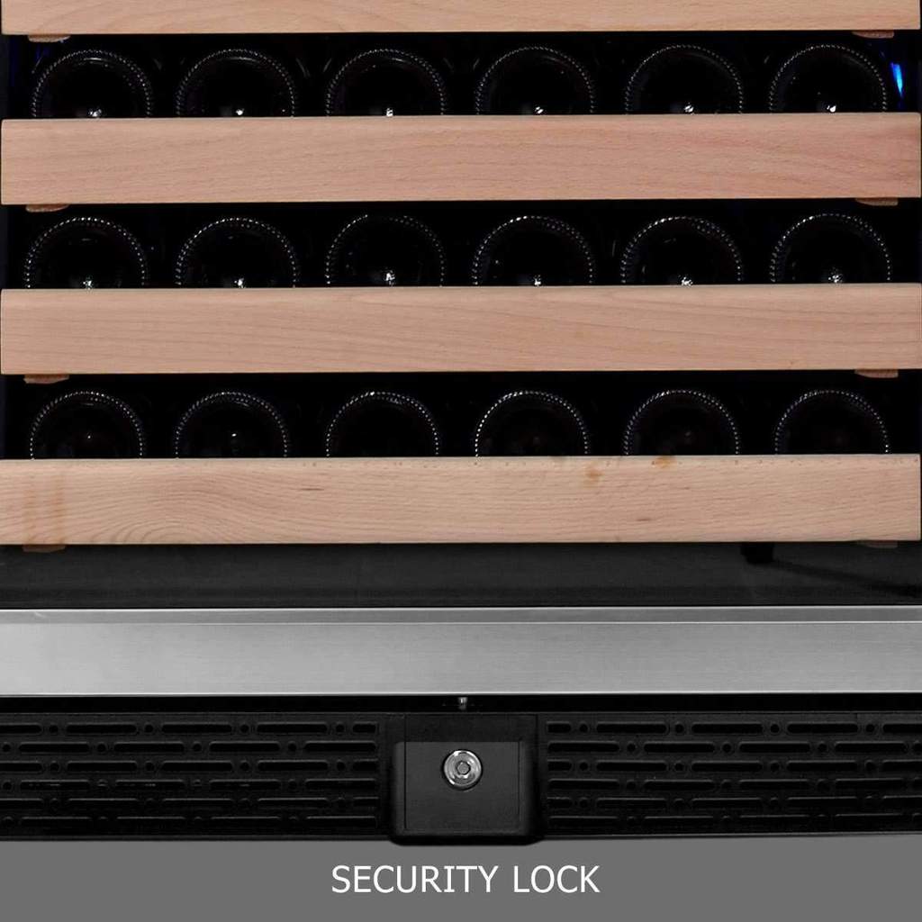 A wine rack with bottles in it, featuring a 24" dual zone wine cooler with stainless steel glass door.