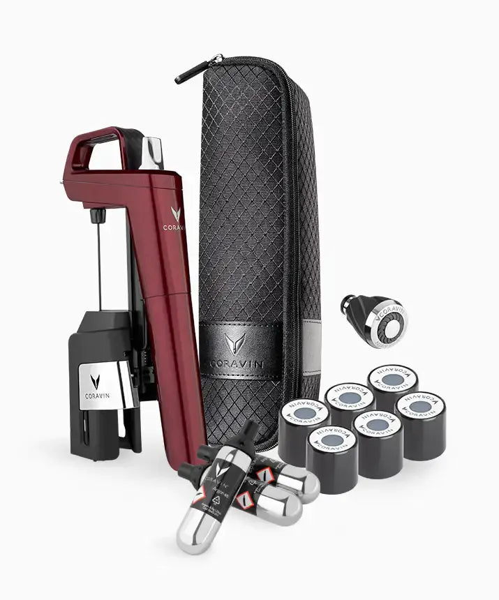 A red and black Coravin Timeless Six+ Wine Preservation System with a case and accessories.
