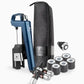 Coravin Timeless Six+ Wine Preservation System: A blue and silver device with a case, small round objects, a coffee cup, and a black tie.
